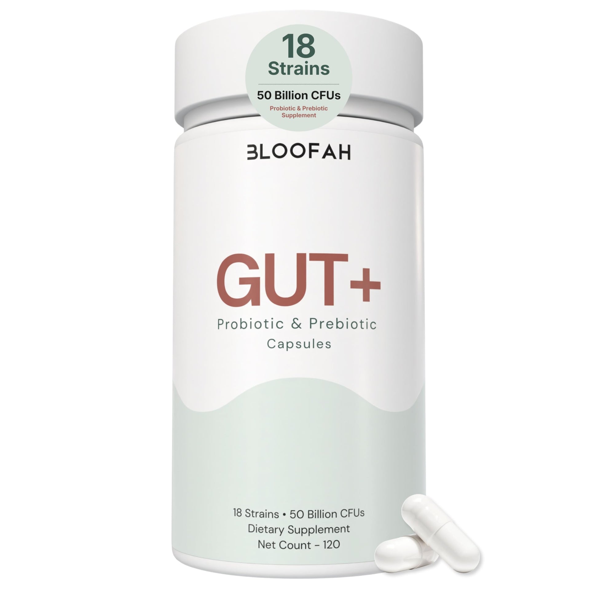 Bloofah Gut+ Probiotic & Prebiotic Capsules for Women, 50 Billion CFU, 18-Strain Formula with Cranberry Extract, Daily Gut & Digestive Support, 120 Capsules