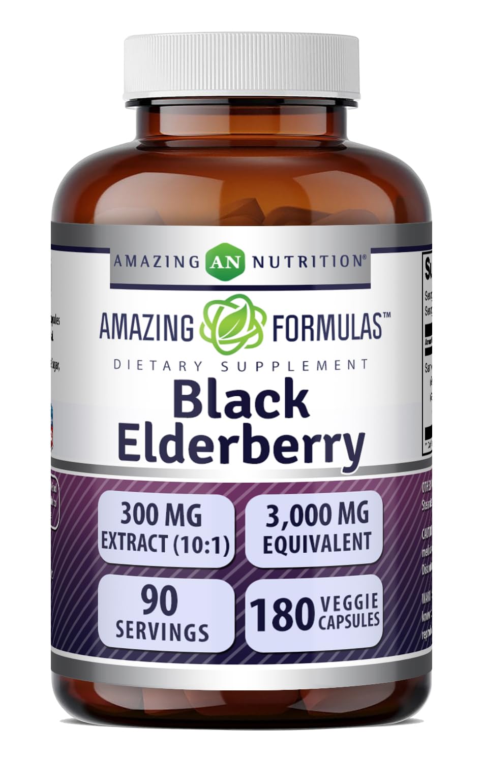 Amazing Nutrition Sambucus Black Elderberry 300 Mg Standardized 10:1 Extract 180 Veggie Capsules