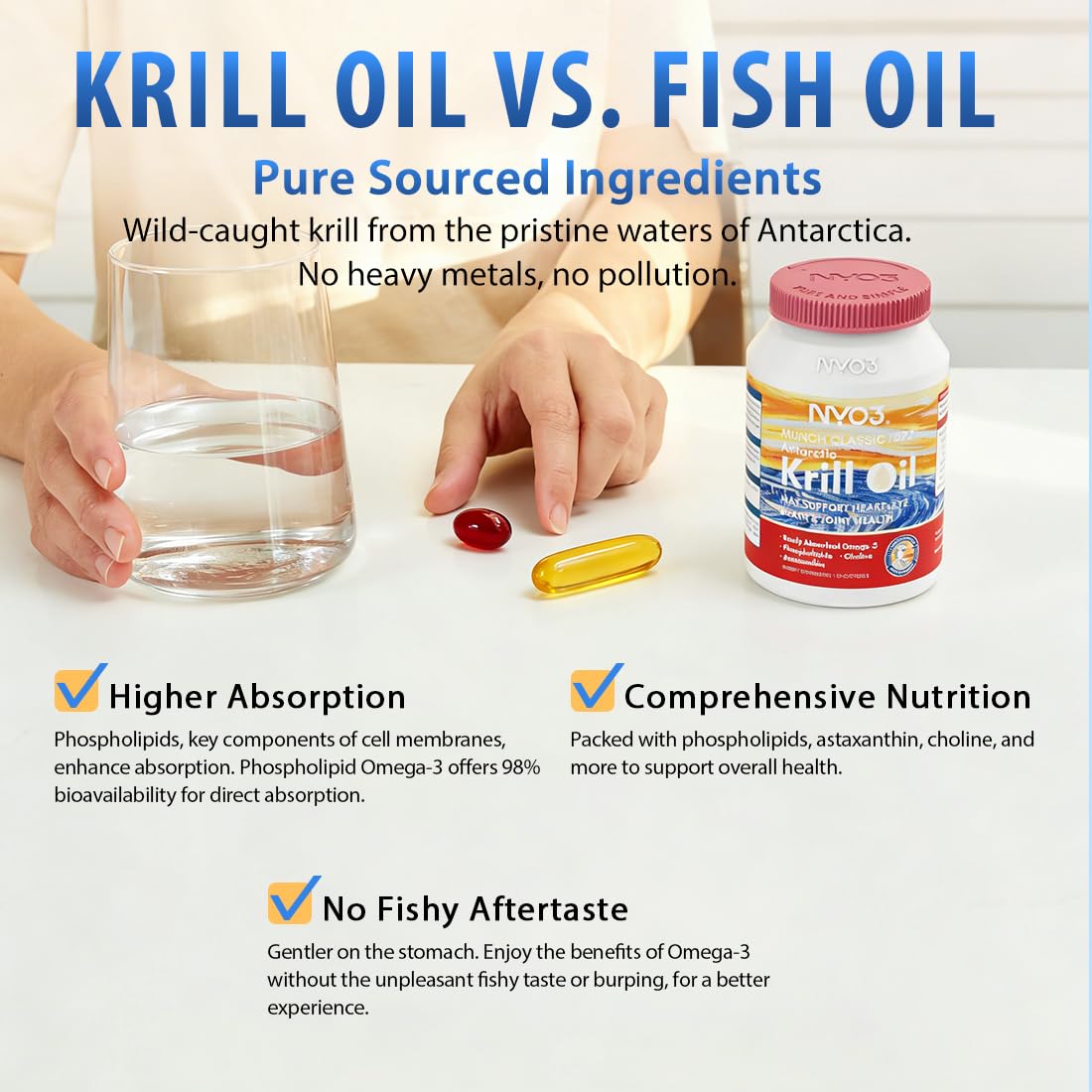 NYO3 100% Antarctic Krill Oil 850mg Omega-3 Supplement with Choline & Astaxanthin Softgels 30 Count