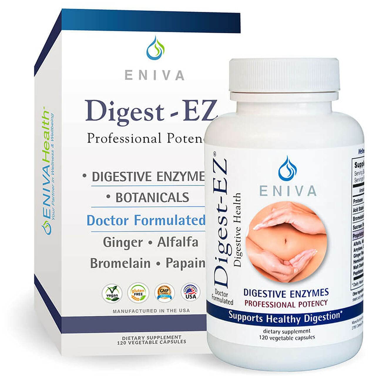 Eniva Health Digest-EZ Digestive Enzymes Bromelain and Papain Ginger and Alfalfa Blend Capsules, 120 Count