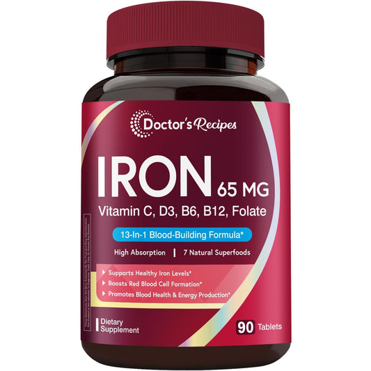 Doctor's Recipes Iron 65 mg Iron Supplement for Women & Men with Vitamin C, D3, B6, B12, Folate, Beet Root, Pumpkin Seeds, 90 Tablets