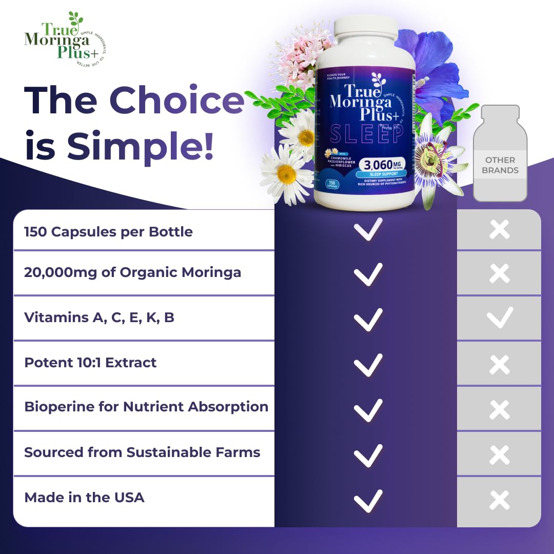 True Moringa Plus+ Sleep Support Supplement 10:1 Extract Capsules, 150 Count