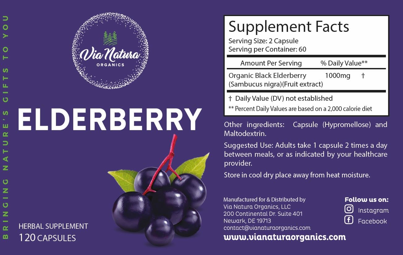 Via Natura Organics Elderberry 1000mg, 120 Capsules