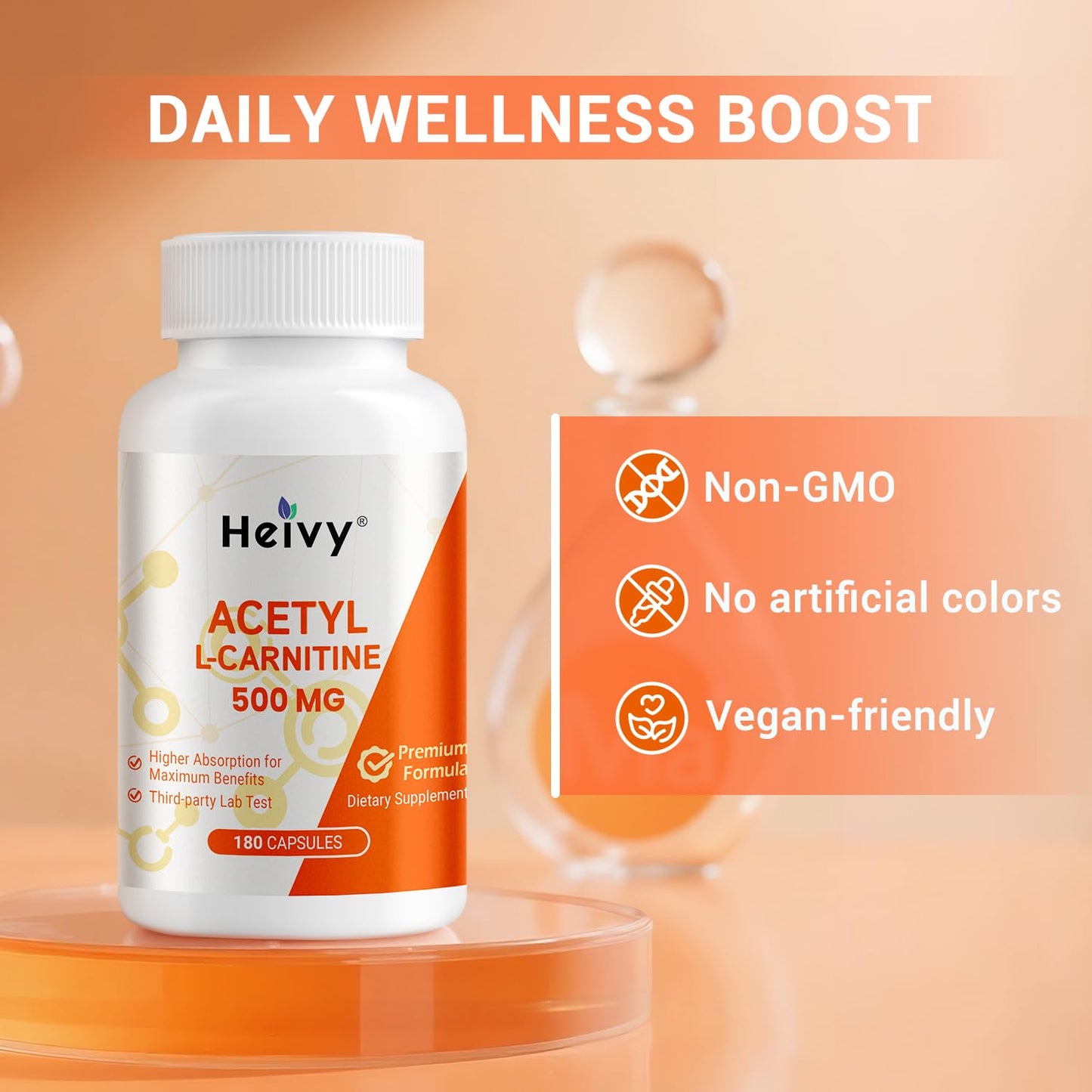 Heivy Pure Acetyl L-Carnitine 500mg Capsules, 180 Count