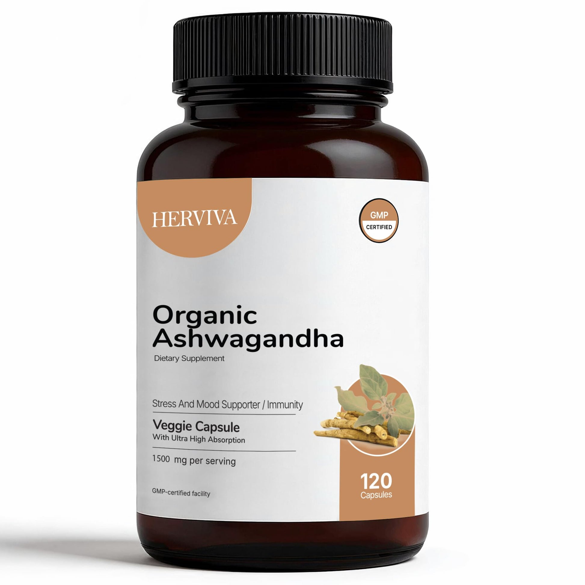 HERVIVA Organic Ashwagandha 1500mg per Serving with Black Pepper Extract, 120 Capsules