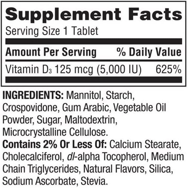 Generic Vitamin D3 Fast Dissolve Tablets, 125 mcg (5,000 IU), Strawberry Flavor, 90 Tablets
