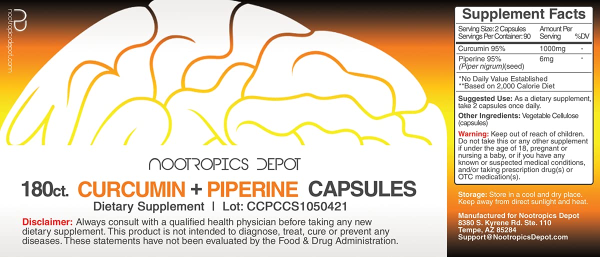 Nootropics Depot Curcumin + Piperine Capsules, 1000mg Curcumin + 6mg Piperine, 180 Count