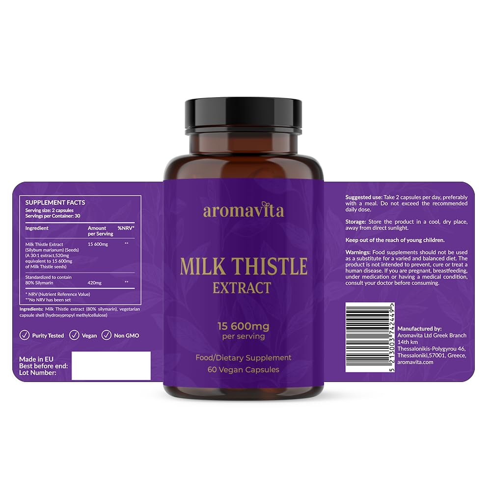 AROMAVITA Milk Thistle Extract – Standardized to 420mg Silymarin (80%) – Vegan Liver Support – Non-GMO Capsule, 1 Count