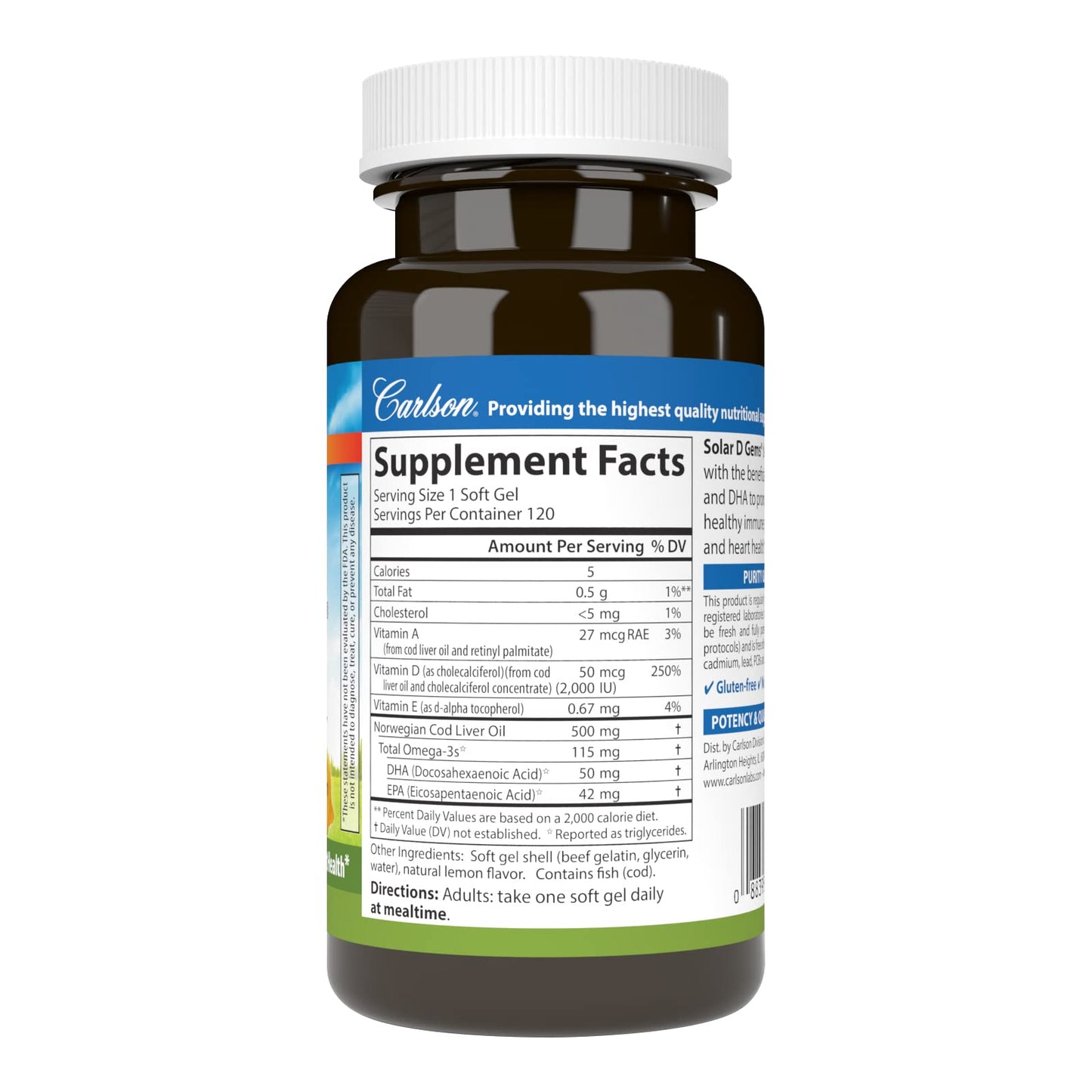 Carlson Solar D Gems Vitamin D3 and Omega-3 Softgels 120