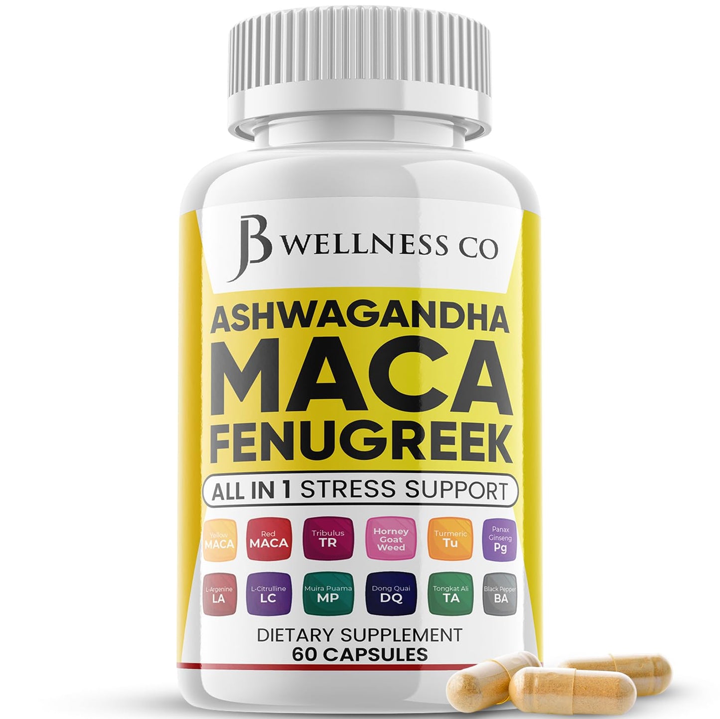 JB Wellness Co Ashwagandha Maca Root, Fenugreek Supplement with Tongkat Ali Ginseng Capsule 60 Count