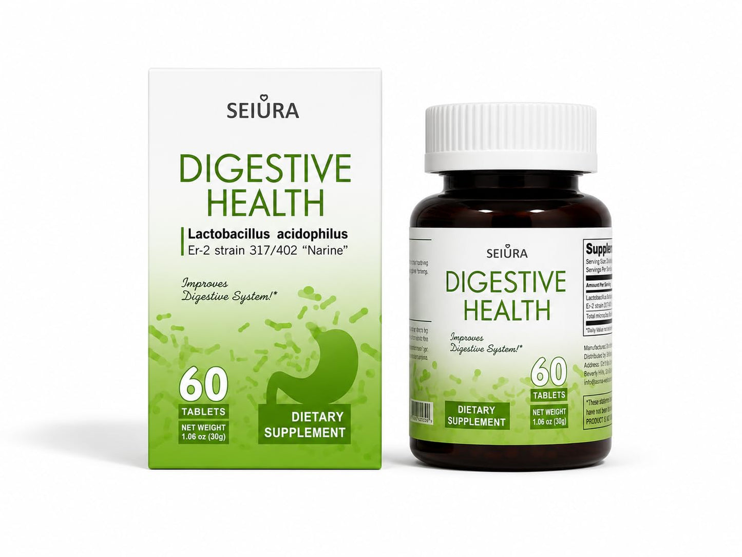 SEIURA Digestive Health Probiotic Supplement with L. Acidophilus for Gut & Intestinal Support 60 Tablets