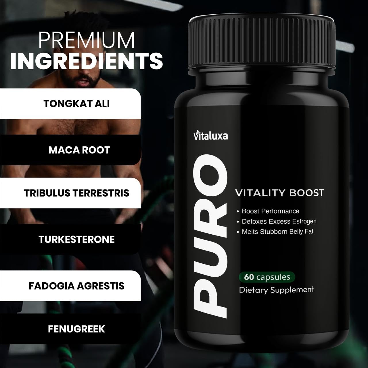 Vitaluxa Puro Vitality Boost Premium Blend Supplement Maximum Strength Daily Natural Vitamins Booster Capsules, 60 Capsules