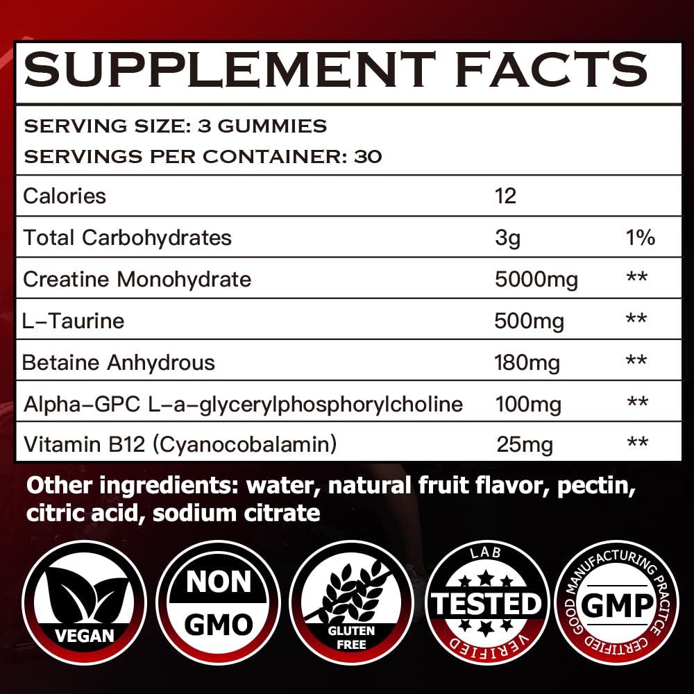 Ydizon Creatine Monohydrate Gummies Complex – 5000mg per Serving with L-Taurine & Vitamin B12, Pre-Workout Support, Vegan & Sugar-Free, 90 Count