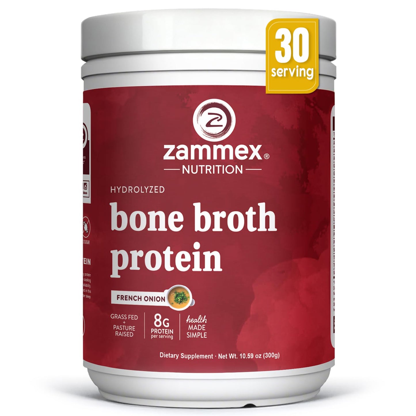 Zammex Beef Bone Broth Protein Powder - Grass-Fed Hydrolyzed Collagen, 10.58 Ounce, French Onion