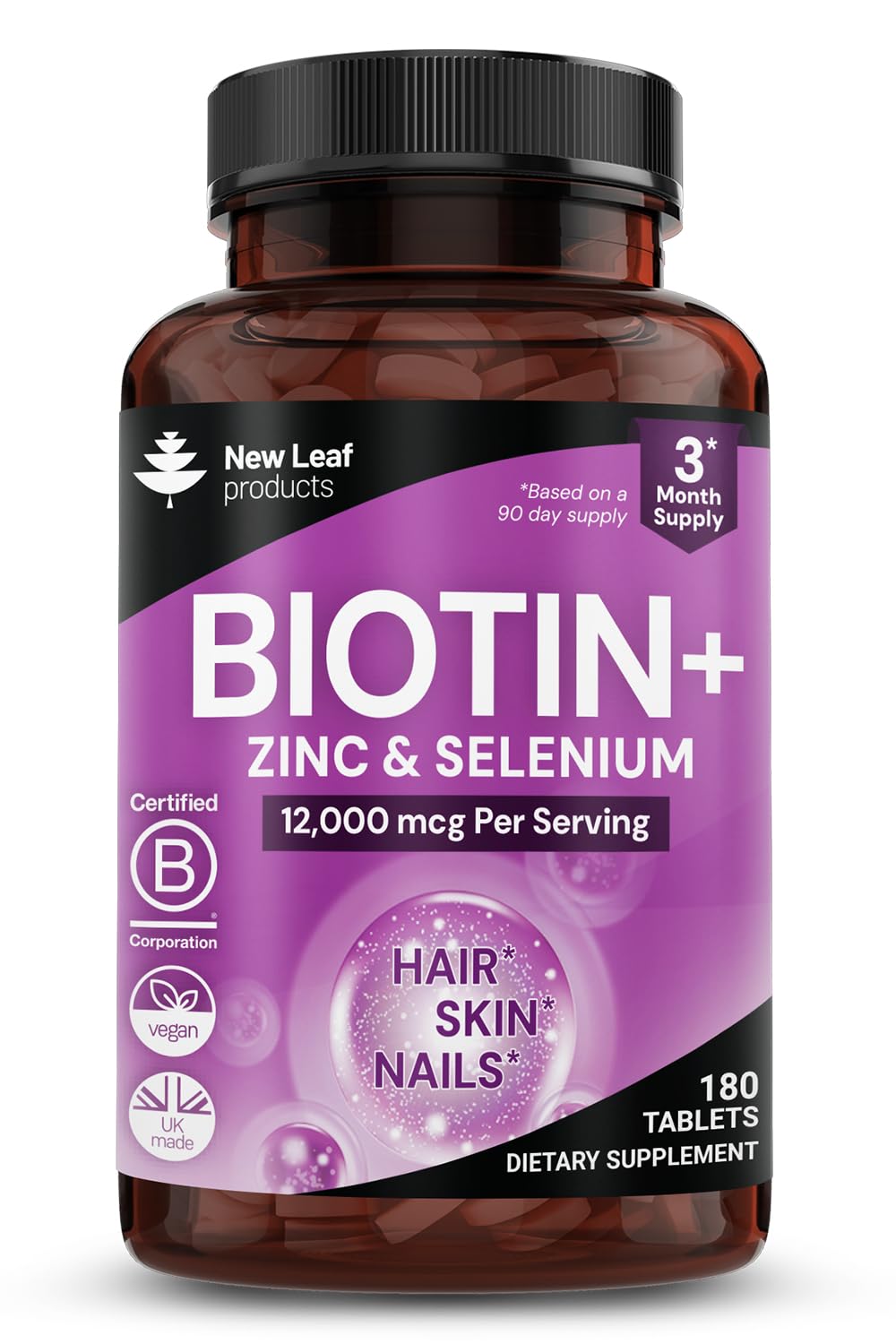 New Leaf Products Biotin Hair Skin and Nails Vitamins 12000mcg High Strength Tablet, 180 Tablets