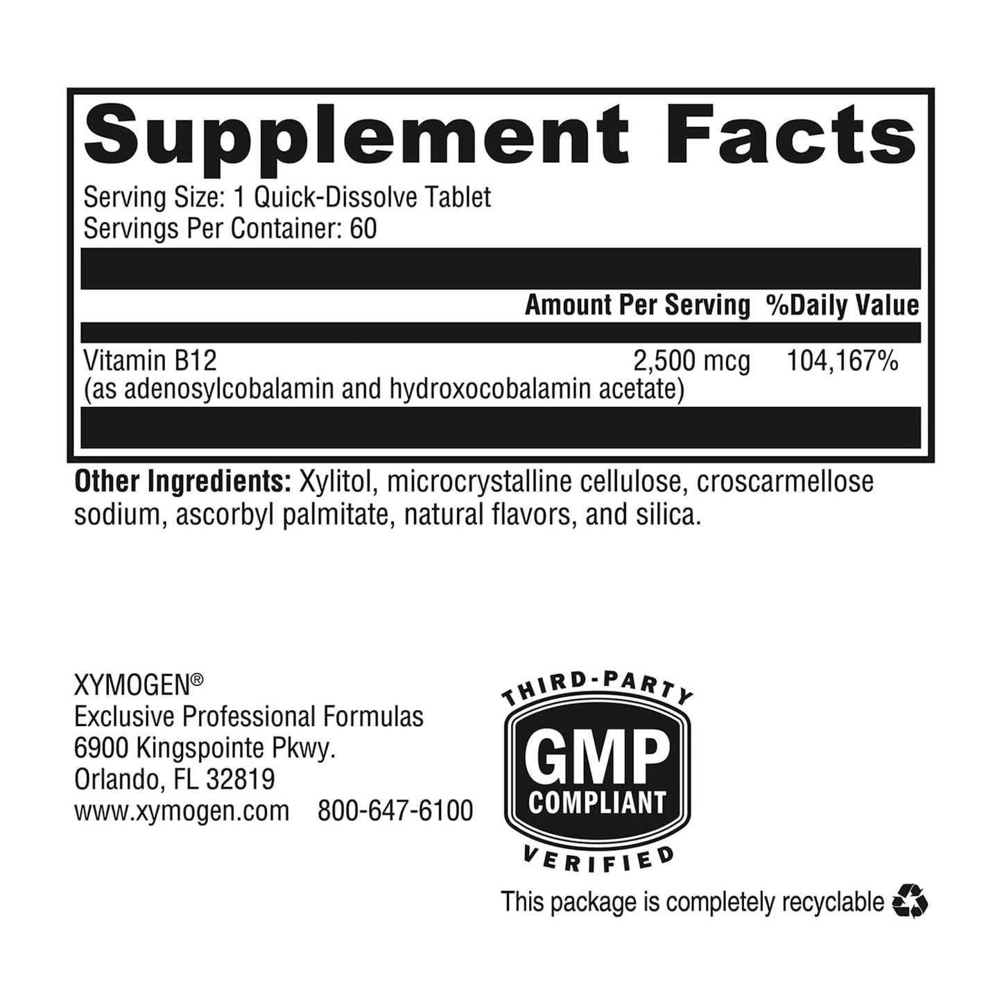 XYMOGEN Adeno+Hydroxo B12 2,500 mcg Non-Methylated Vitamin B12 - Nervous System & Cellular Energy Support - Quick-Dissolve Tablets - Fruit Punch Flavor - 60 Tablets