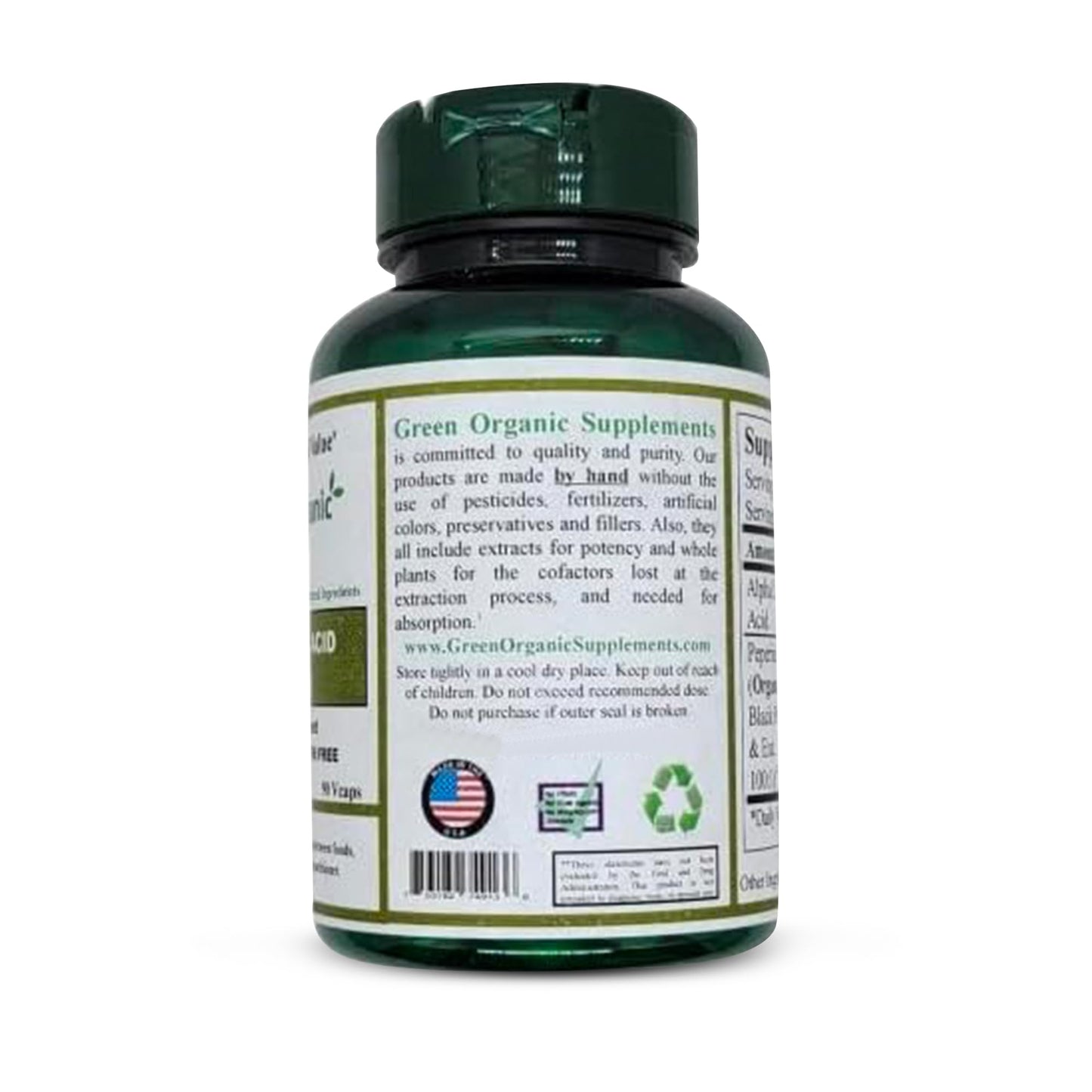 Green Organic Supplements Alpha Lipoic Acid Complex, ALA Capsules, 90 Count