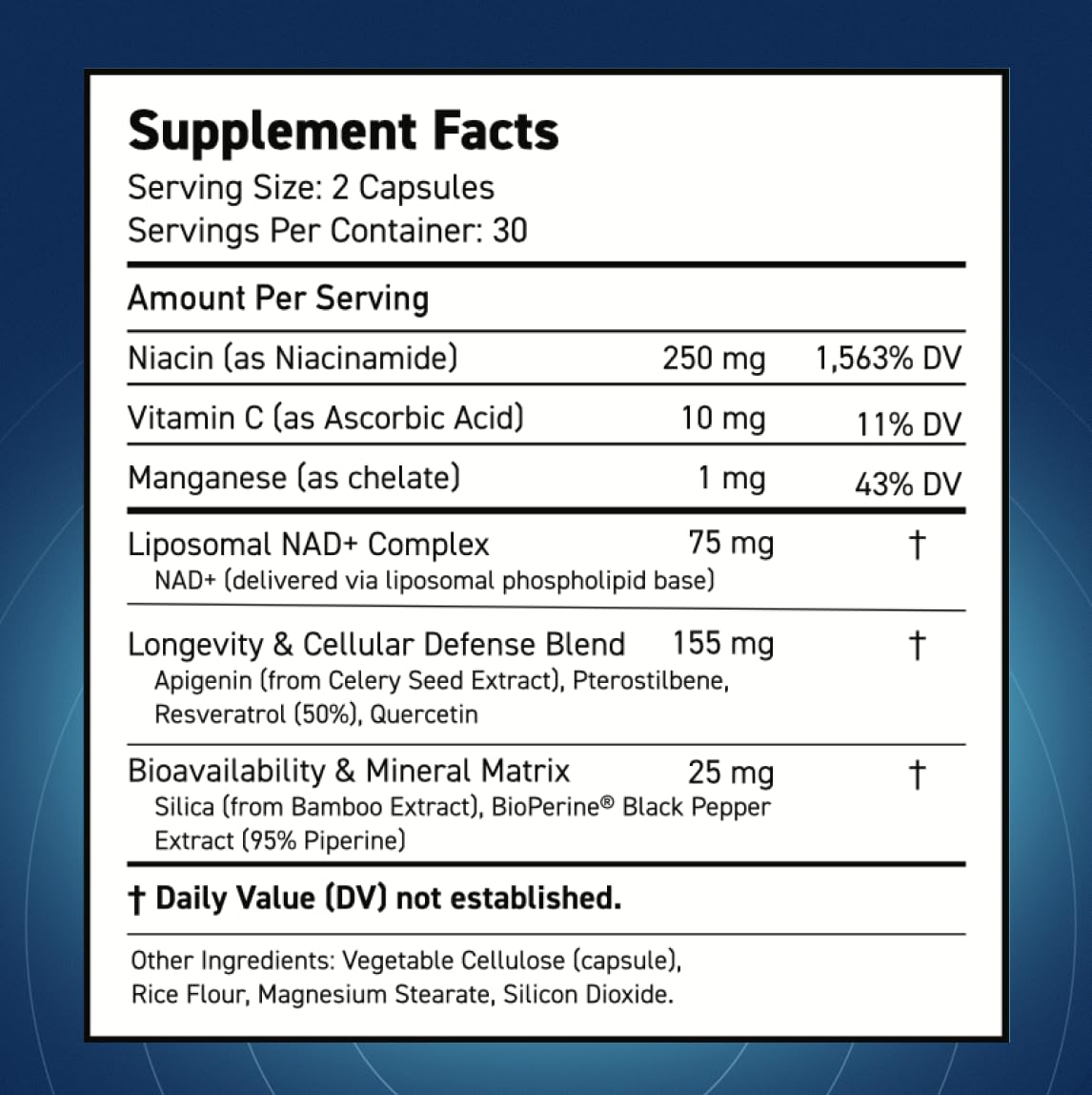Blue Haven Rx NAD+ Supplement - NMN Alternative with Liposomal NAD+, Trans Resveratrol, Manganese, Apigenin Plus Pterostilbene for Women and Men, Anti Aging Support Capsule 60 Count