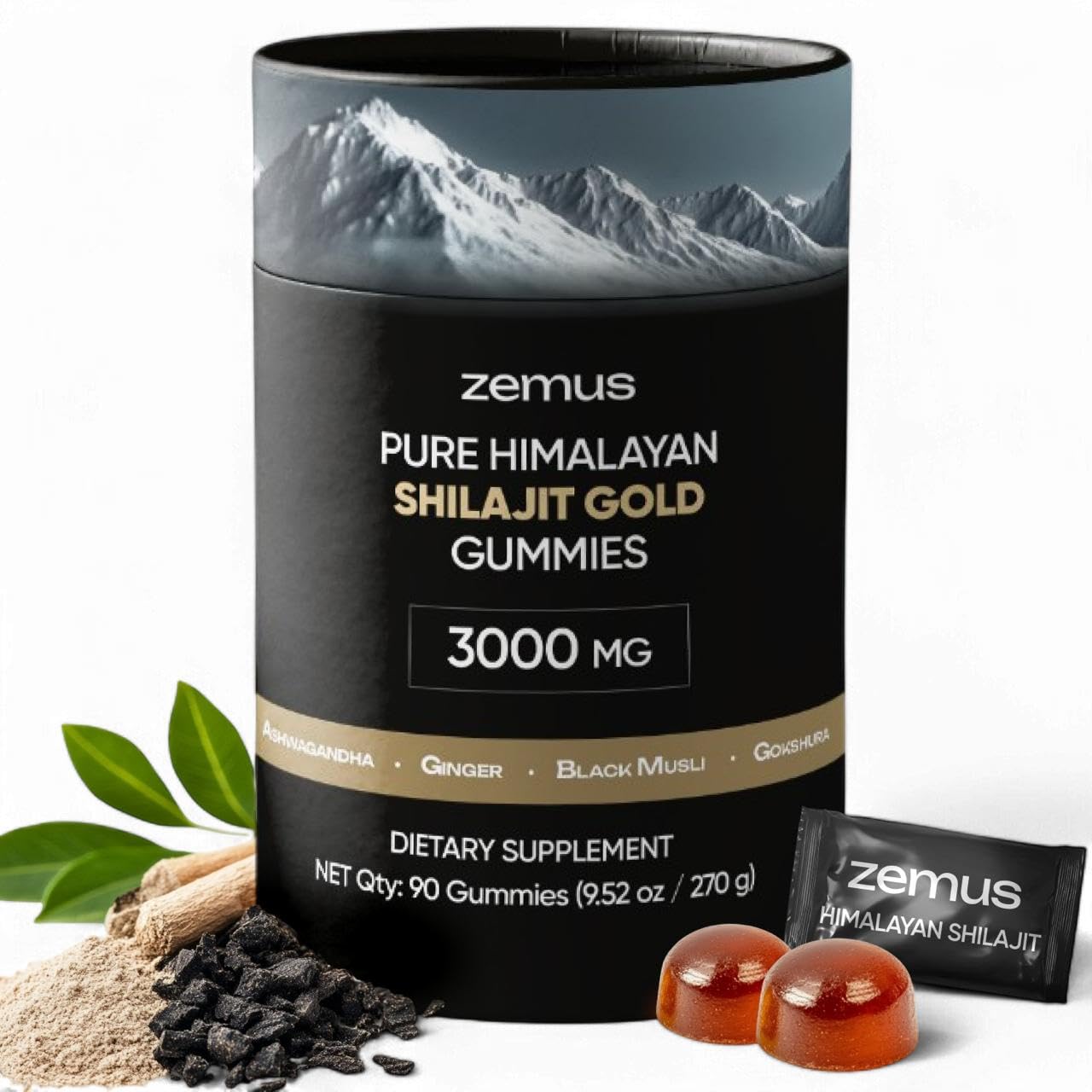 ZEMUS Himalayan Pure Shilajit Gummies with Ashwagandha & 5 Mushroom Complex, Lab Tested, Fulvic Acid & 85+ Trace Minerals, 90 Count