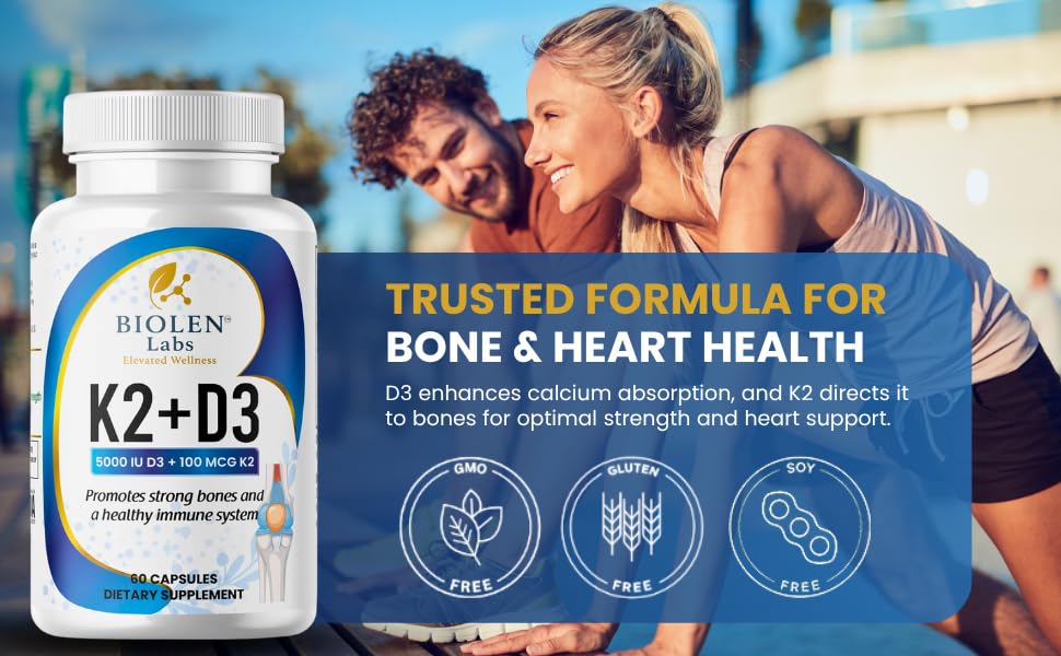 Biolen Labs Elevated Wellness K2 + D3 Vitamin Supplement, Bone Health Support, Immune System Support, 60 Vegan Capsules