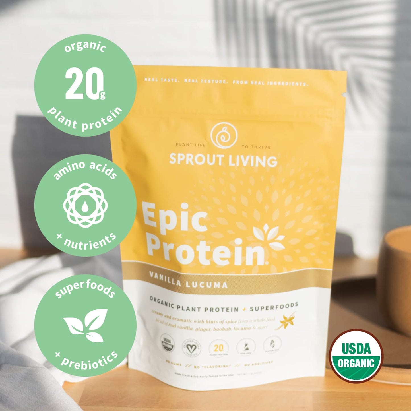 Sprout Living Epic Protein Plant-Based Protein & Superfoods Powder, Vanilla Lucuma, 16 Servings