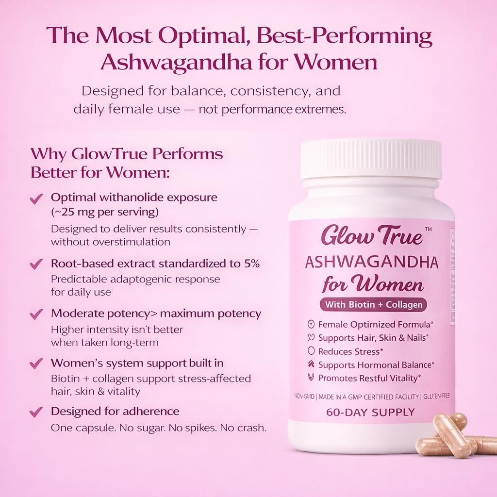 GlowTrue Ashwagandha for Women with Biotin & Collagen – 500mg Female-Optimized Stress & Hormone Support, Hair Skin & Nails – Non-GMO, Gluten-Free Capsules, 60 Count