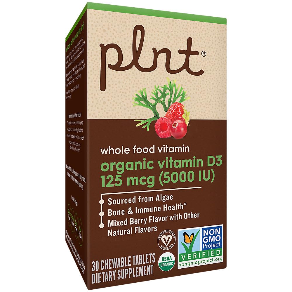 plnt Organic Vitamin D3 125 mcg (5,000 IU) Whole Food Vitamin A Mixed Berry Chewable Tablets, 30