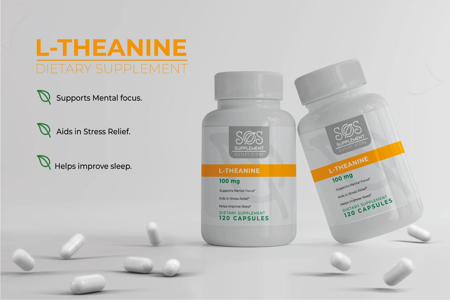 Supplement Outlet Store SOS L-Theanine Brain Support Focus Supplement 100mg Capsule, 120 Count