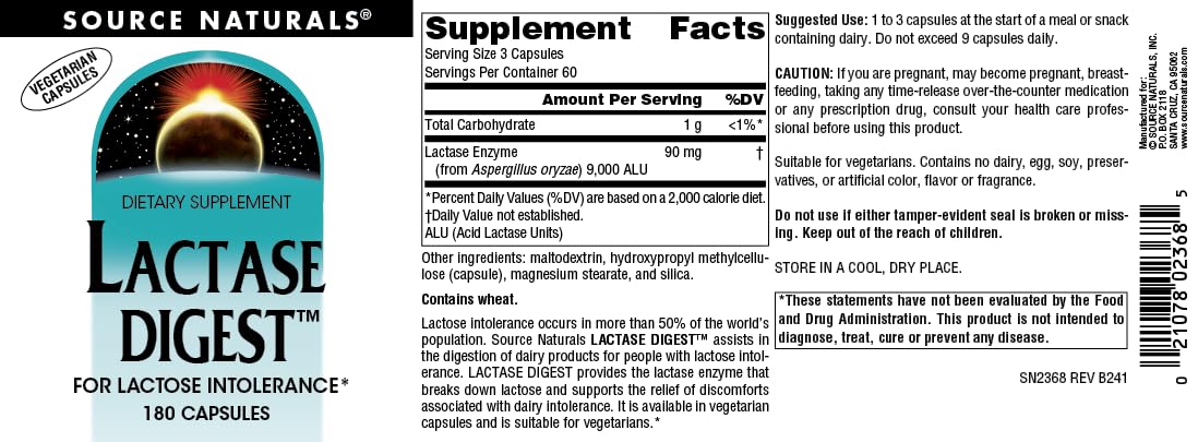 Source Naturals Lactase Digest, for Lactose Intolerance, 180 Capsules