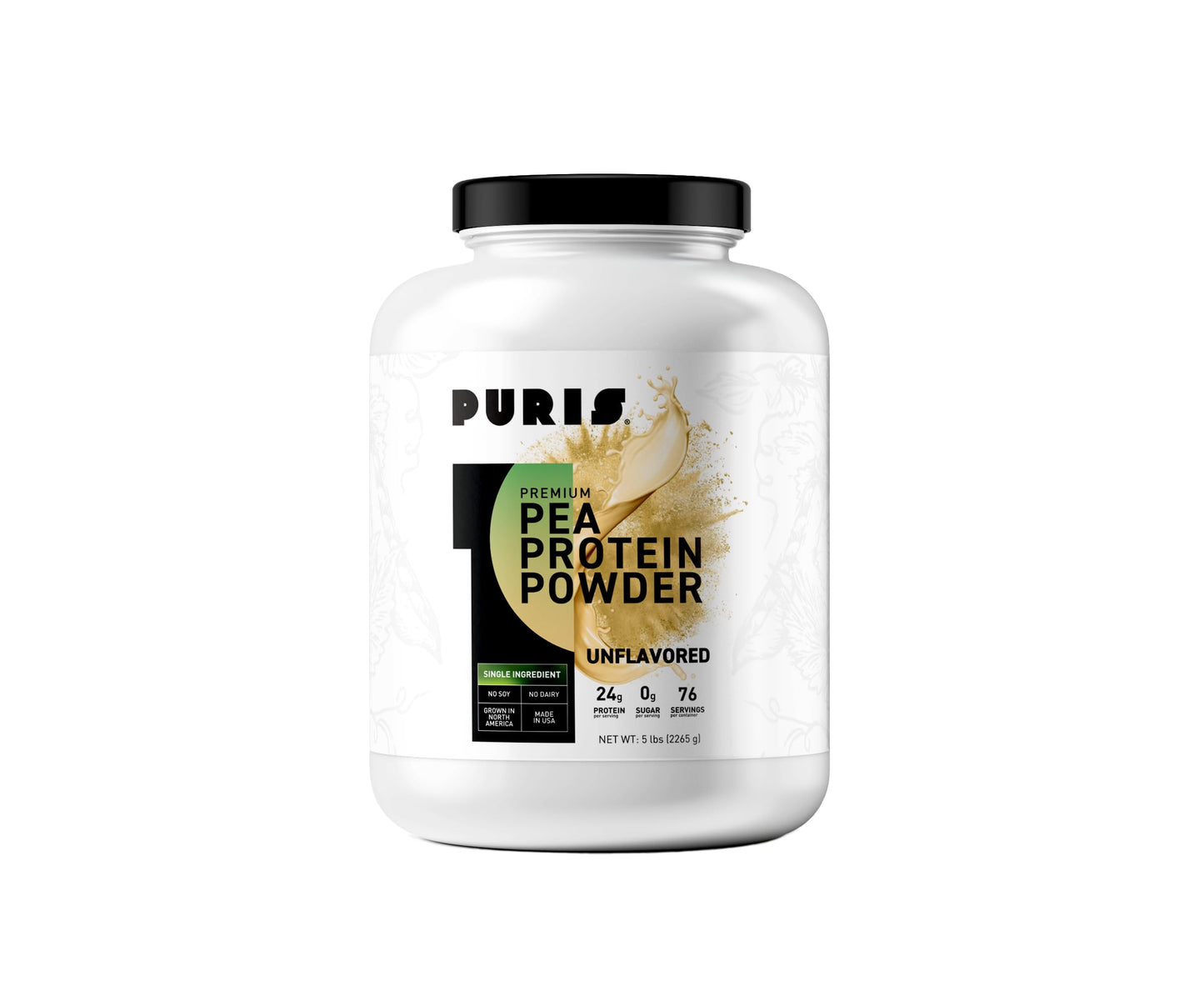 PURIS Pea Protein Powder, 27g Per Serving, 80 Servings, 5 lb Tub, Unflavored