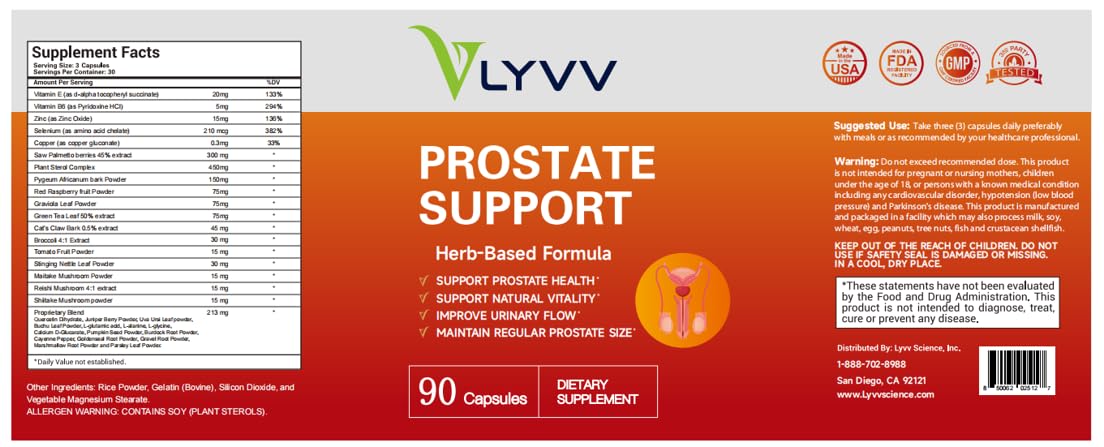 Lyvv Prostate Support with Saw Palmetto, Plant Sterol, Zinc, Selenium, Copper and More for Prostate Health and Urinary Health, 90 Capsules