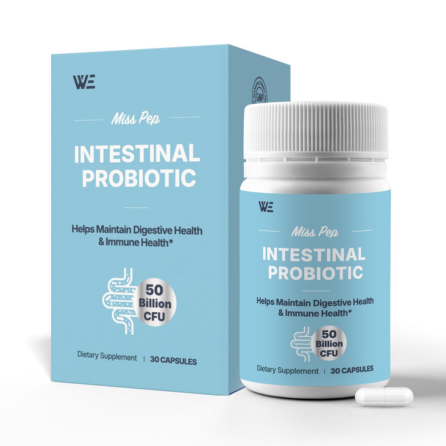 MISS PEP Probiotics 50 Billion CFU - 8 Unique Strains + 3 Prebiotics - Immune, Digestive & Gut Health - Supports Occasional Constipation, Diarrhea, Gas & Bloating - Probiotics for Women & Men Capsule 30 Count