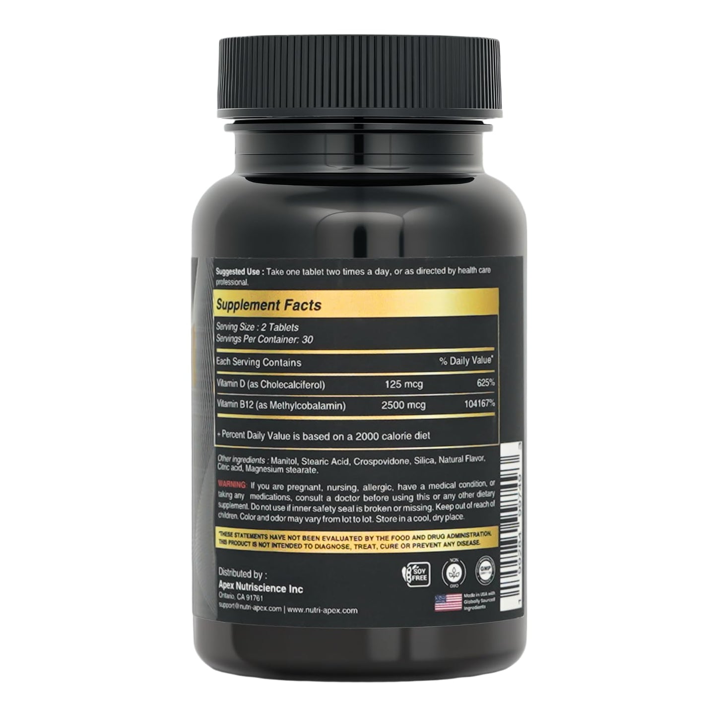 Nutri Apex Vitamin B12 2500mcg + Vitamin D3 5000 IU (125mcg) Sublingual Tablets, 120 Count