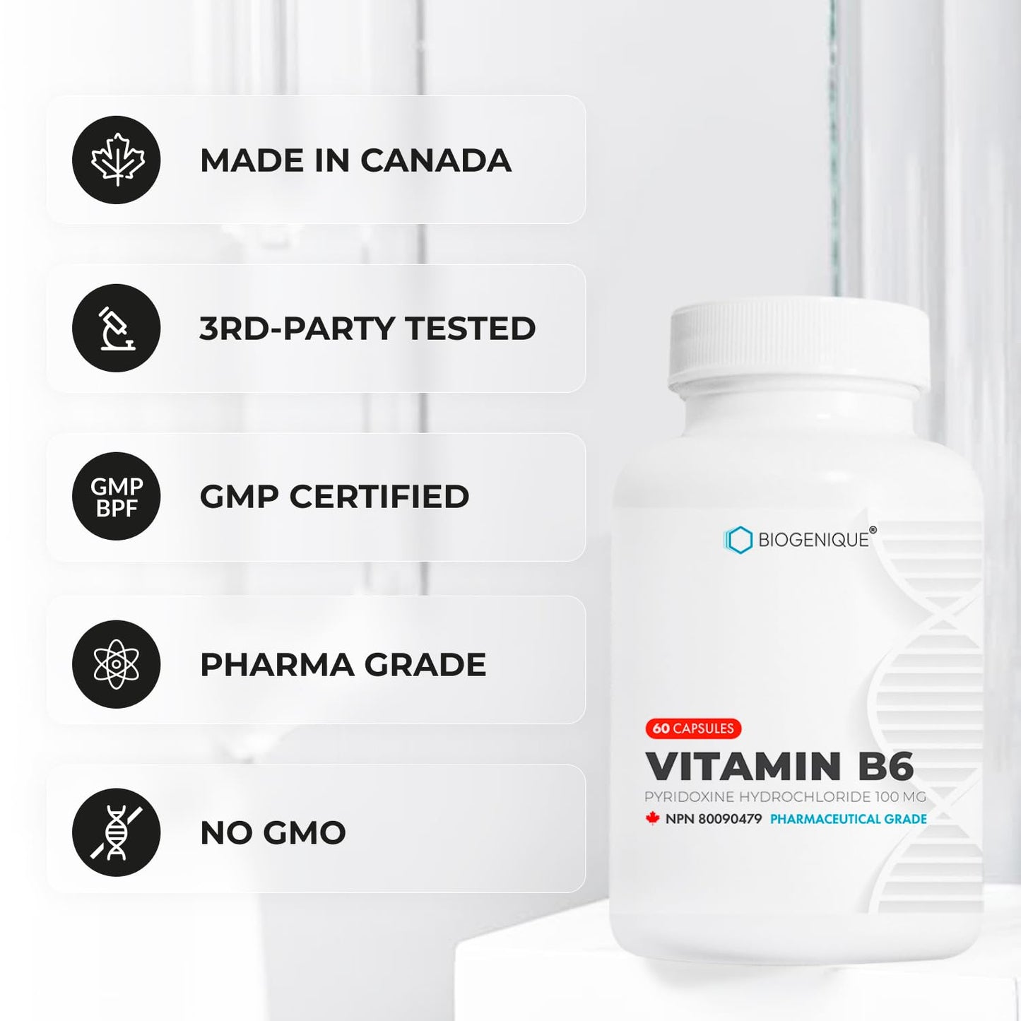 Biogenique Vitamin B6 100 mg Capsules, 60 Count