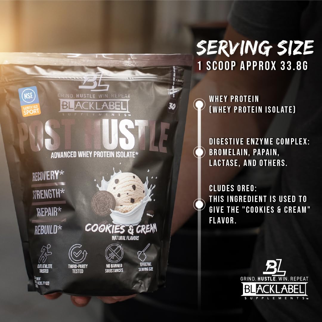 BLACKLABEL Supplements Post Hustle Post Workout Protein Powder – Whey Isolate with Digestive Enzymes, Cookies & Cream, 40 Servings