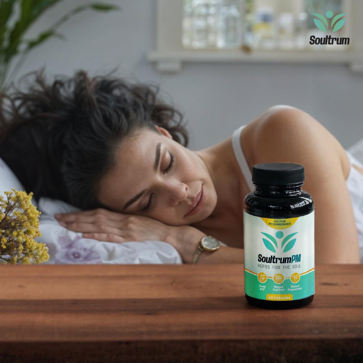 Soultrum Natural Sleep Aid Nighttime Sleeping Supplement with Melatonin 3mg, L-Theanine 200mg, Vitamin B6 5mg, Magnesium Glycinate 11mg, Ashwagandha, Chamomile, Valerian Root, Passionflower, 60 Capsules