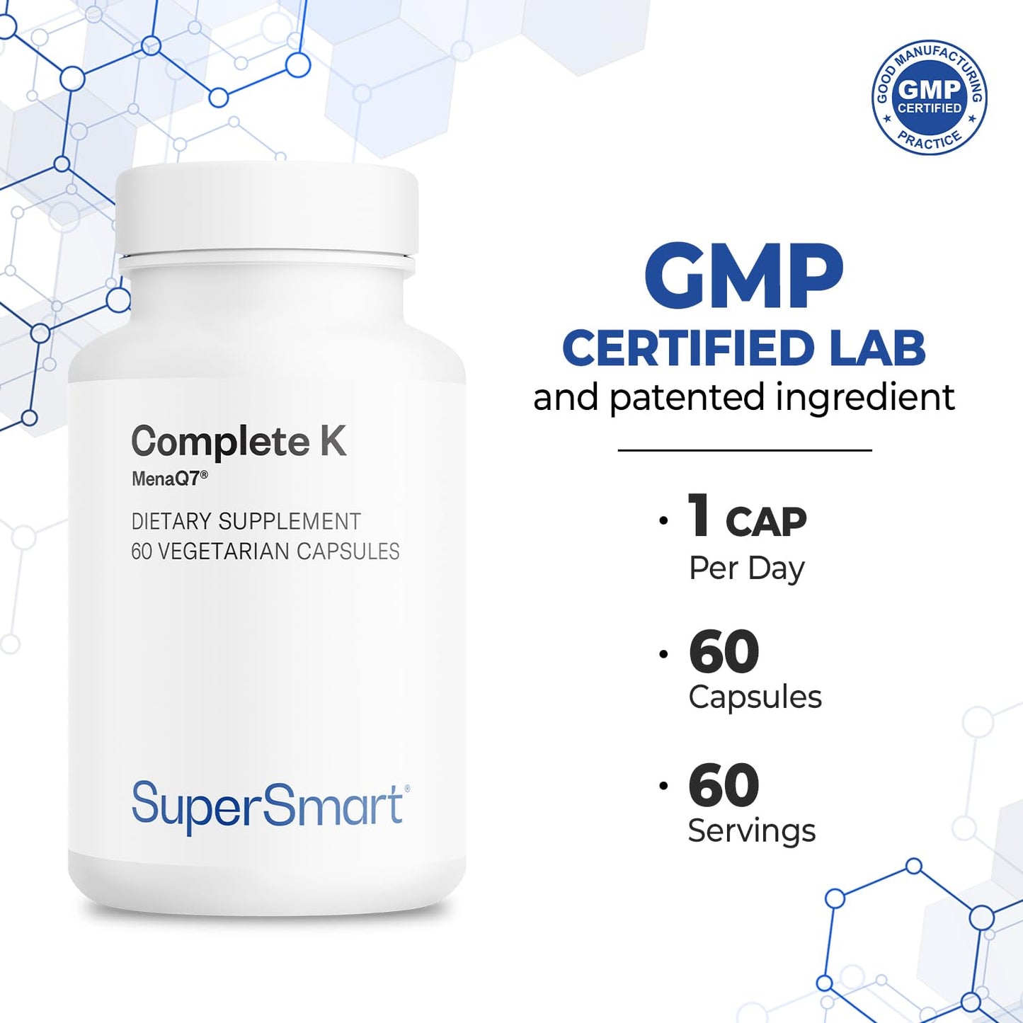 Supersmart Complete K - with K1, K2 (MK4 + MK7) - Full Spectrum Vitamin K Supplement, 60 Capsules