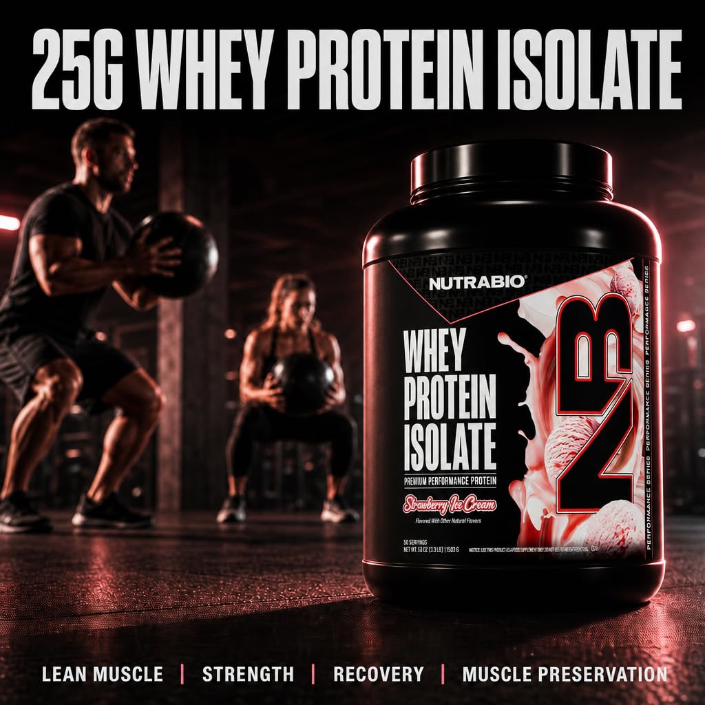 NutraBio 100% Whey Protein Isolate Powder, Strawberry Ice Cream, 80 Servings