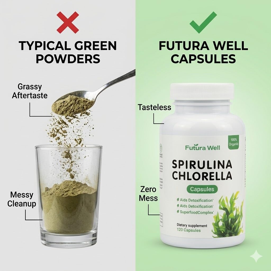Galriva Organic Spirulina & Chlorella Capsules with Chlorophyll, Green Food Complex, 60 Capsules