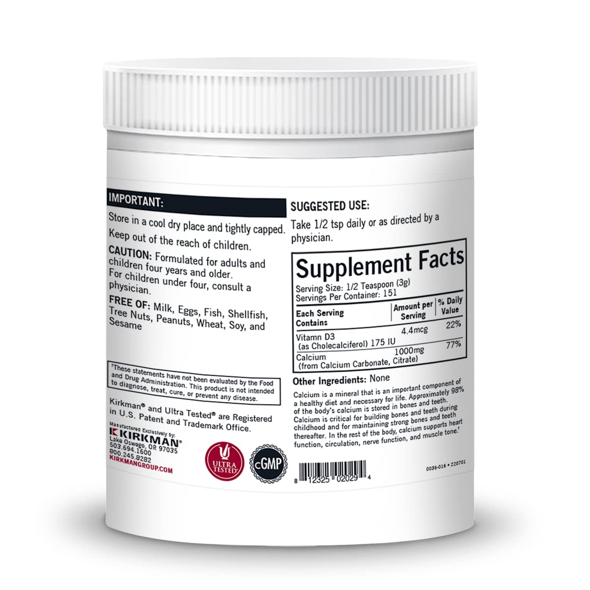 Kirkman Calcium w/Vitamin D Powder 16 oz