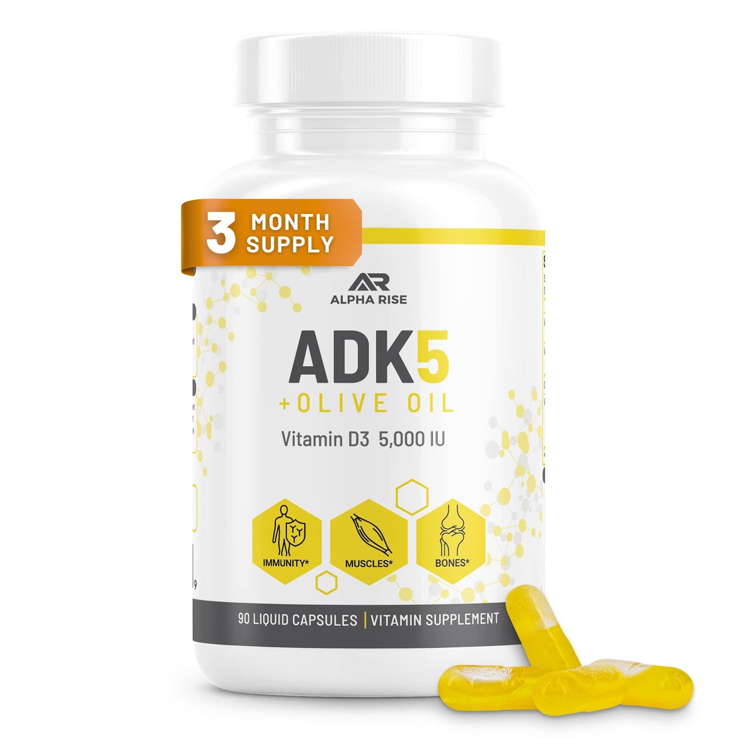 ALPHA RISE ADK Vitamin D3 + K2 with Olive Oil Capsules, 90 Count