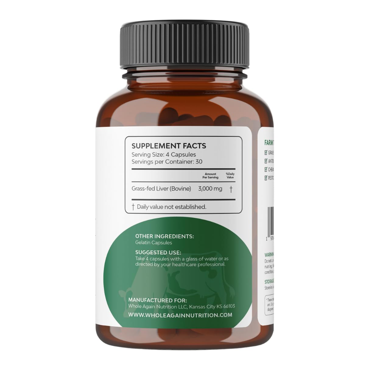 Whole Again Nutrition Grass Fed Beef Liver Capsules, 120 Count