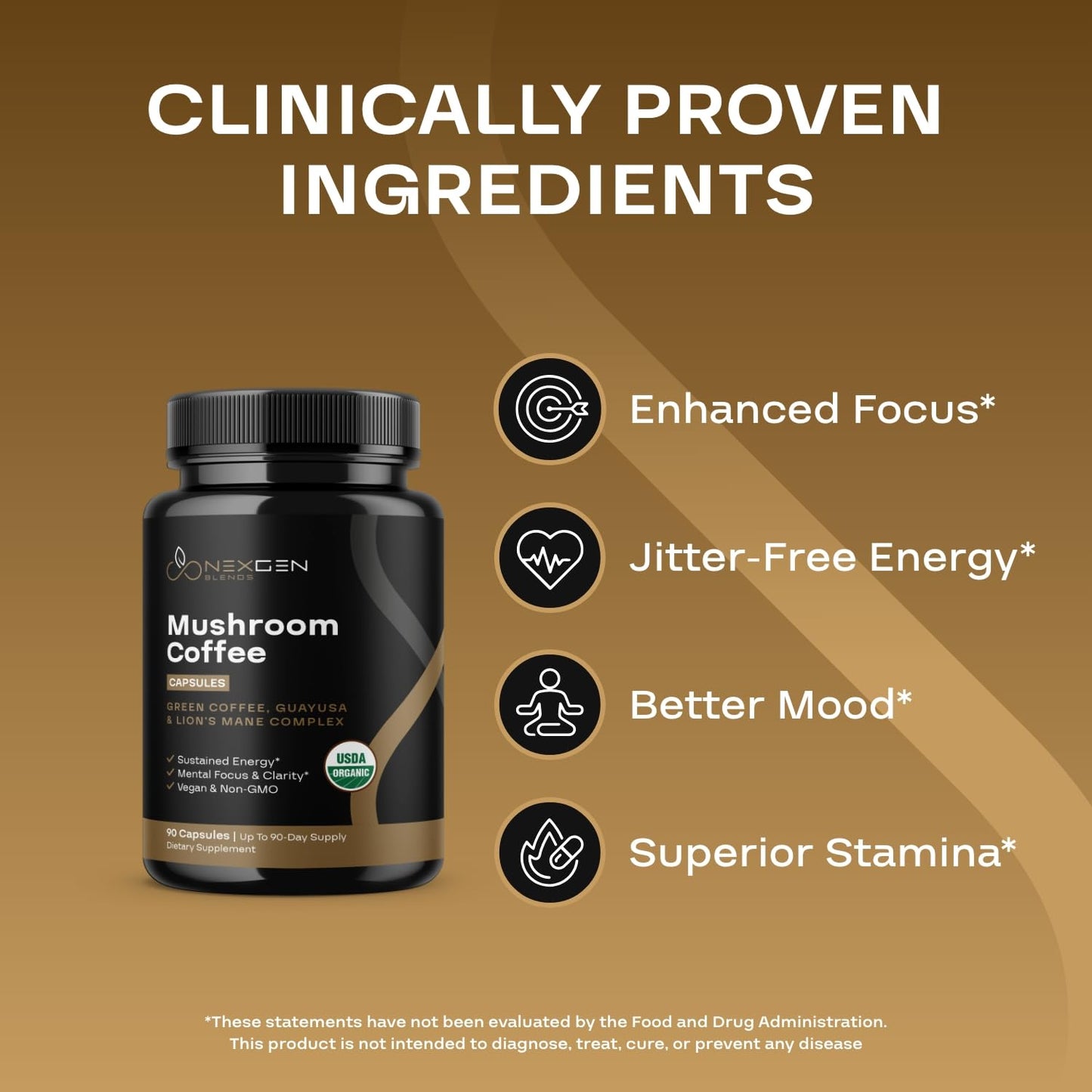 NEXGEN BLENDS 100% Organic Mushroom Coffee Capsules 90 Count