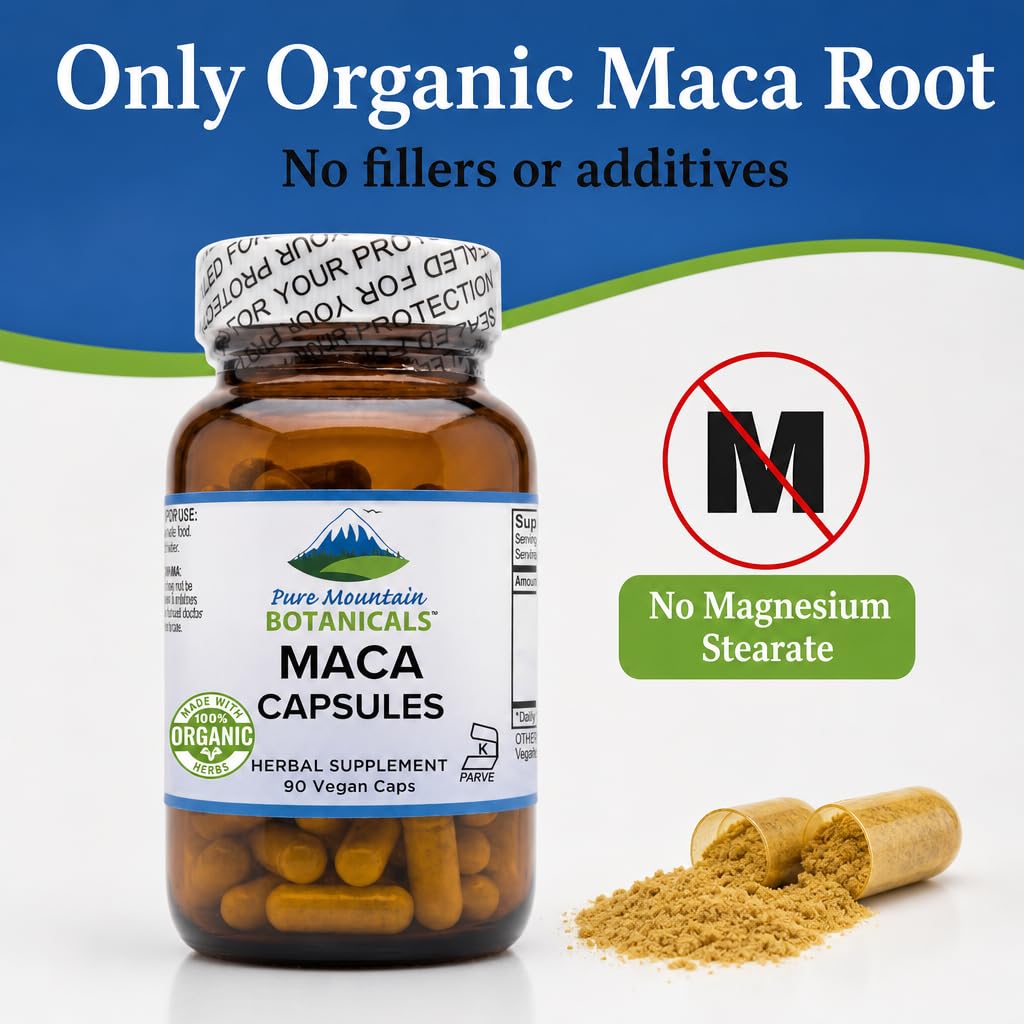 Pure Mountain Botanicals Maca Root Capsules - 1000mg Organic Peruvian Maca - Raw and Gelatinized Blend - 90 Capsules