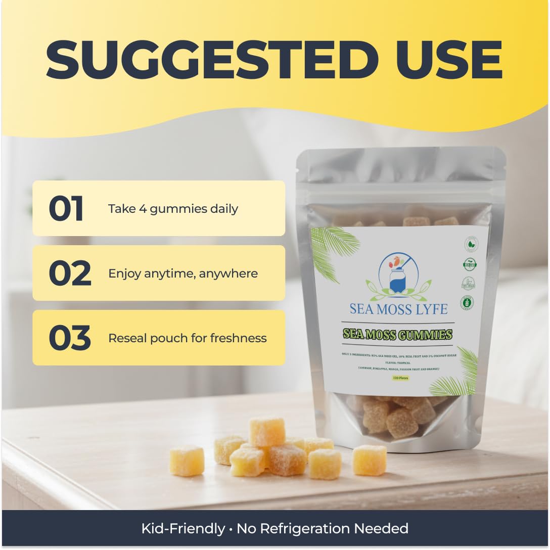 SEA MOSS LYFE Tropical Tides Gummies, Vegan with Wildcrafted Irish Sea Moss & Vitamin C, 120 Count