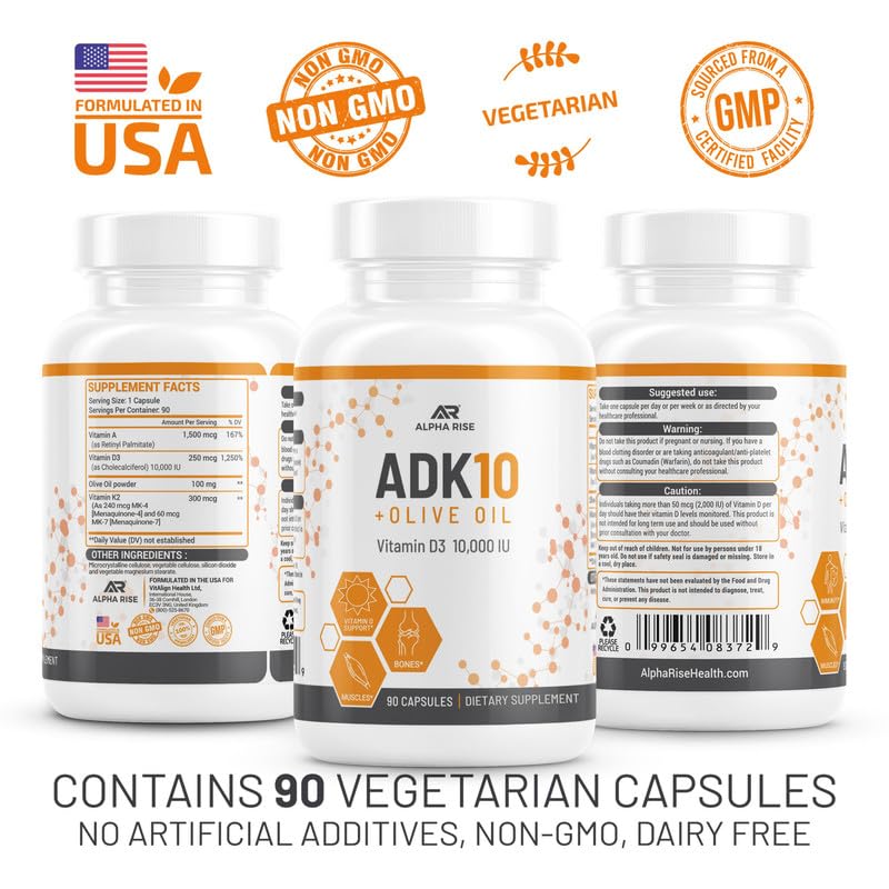 ALPHA RISE ADK 10 Vitamin Supplement + Olive Oil for Better Absorption Capsules 90 Count
