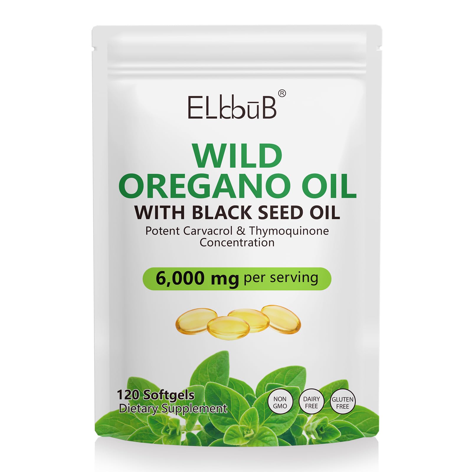 ELBBUB Oil of Oregano with Black Seed Oil 6000mg Oregano Oil + 200mg Black Seed Oil per Serving Capsule, 120 Count