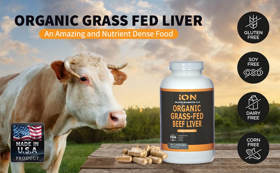 Ion Supplements LLC 100% Organic Grass Fed Beef Liver Capsules, 180 Capsules
