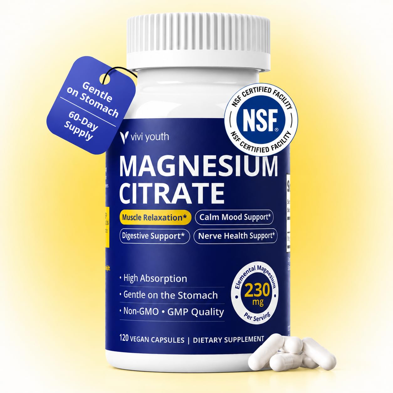 VIVI Youth Magnesium Citrate 230mg Elemental Capsules, 120 Count