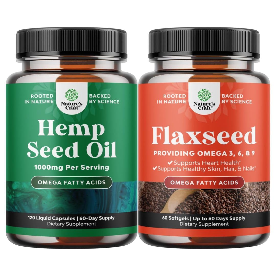 Natures Craft Hemp Seed Oil Capsules & Flaxseed Oil Softgels Bundle - 2 Pack
